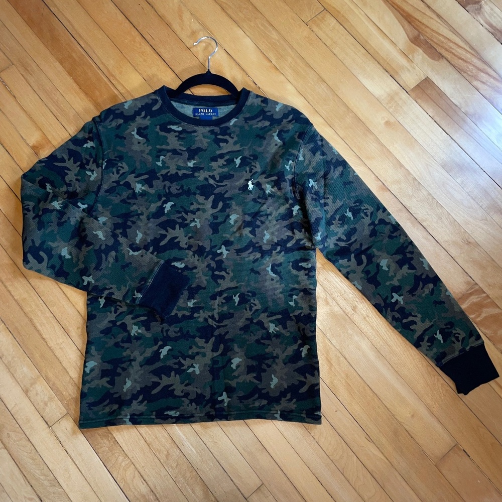 POLO RALPH LAUREN Cotton Thermal Long Sleeve Tee T Shirt Camo Print Army Green